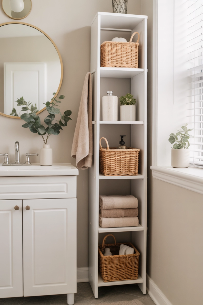 "Pinterest-style aesthetic image showing a tall narrow storage tower in a small bathroom holding towels and decor, bright neutral colors, cozy lifestyle photography, modern composition, ultra detailed, vertical format"