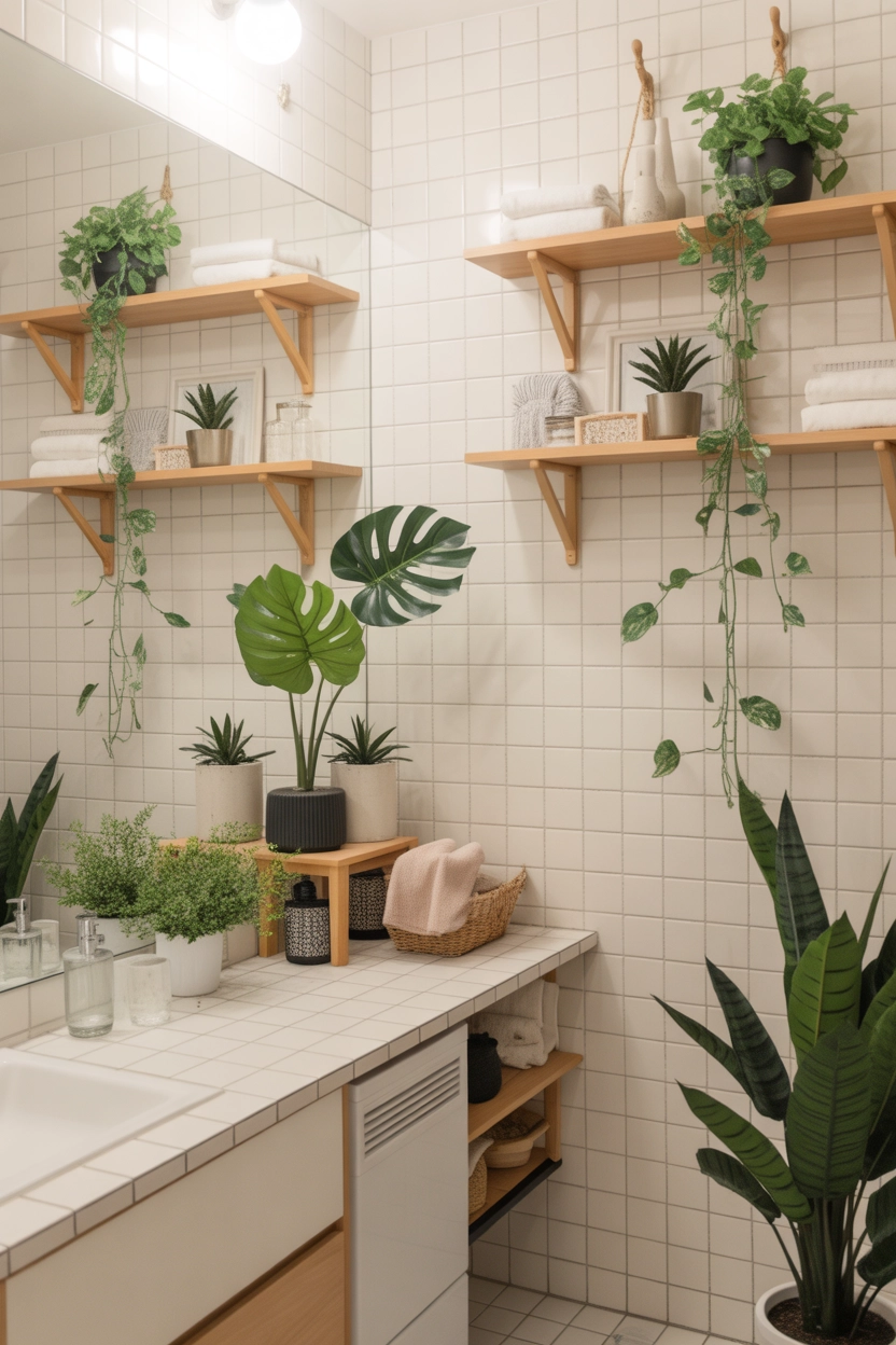 "Pinterest-style aesthetic image showing a small bathroom decorated with greenery plants on shelves and countertops, bright modern decor, cozy lifestyle photography, modern composition, ultra detailed, vertical format"