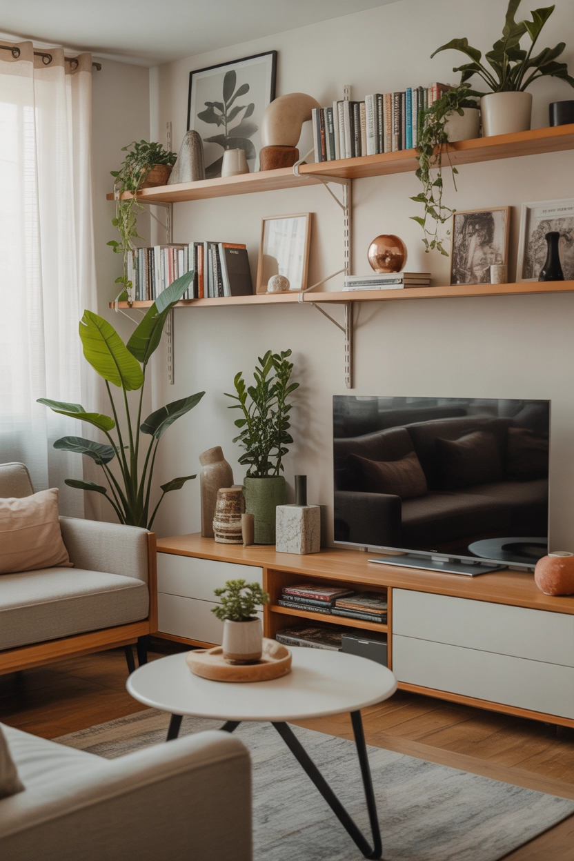 "Pinterest-style aesthetic image showing stylish floating shelves in a small apartment living room with plants, books, and decorative objects, soft natural lighting, bright colors, cozy lifestyle photography, modern composition, ultra detailed, vertical format"