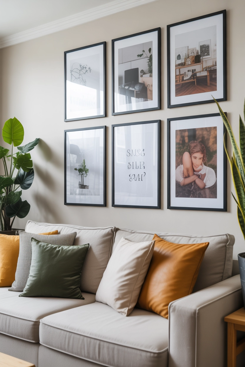 "Pinterest-style aesthetic image showing a modern apartment gallery wall with framed prints, minimal art, plants, bright colors, cozy lifestyle photography, modern composition, ultra detailed, vertical format"