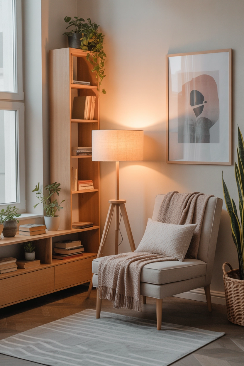 "Pinterest-style aesthetic image showing a cozy apartment reading nook with comfortable chair, floor lamp, soft blankets, books, plants, warm lighting, bright colors, cozy lifestyle photography, modern composition, ultra detailed, vertical format"