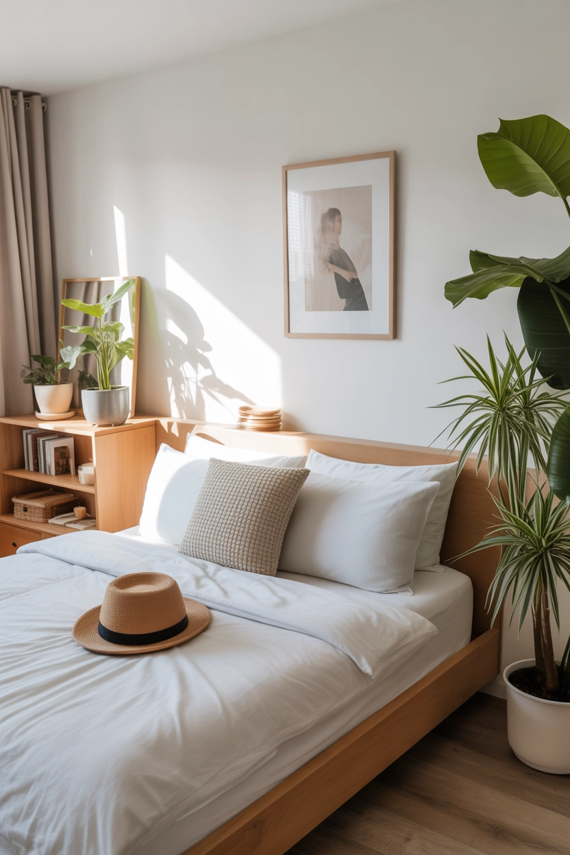 "Pinterest-style aesthetic image showing minimalist apartment bedroom with white bedding, wood furniture, plants, soft natural lighting, bright colors, cozy lifestyle photography, modern composition, ultra detailed, vertical format"