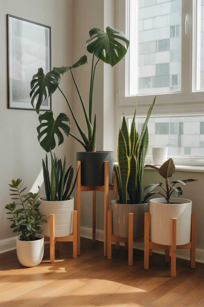 "Pinterest-style aesthetic image showing apartment plant corner with multiple indoor plants, wooden plant stands, bright sunlight, cozy lifestyle photography, modern composition, ultra detailed, vertical format"
