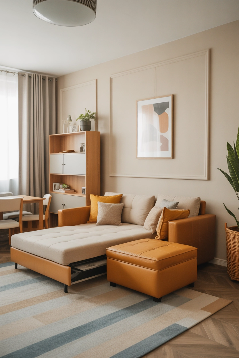 "Pinterest-style aesthetic image showing modern multifunctional apartment furniture such as sofa bed and storage ottoman, bright colors, cozy lifestyle photography, modern composition, ultra detailed, vertical format"