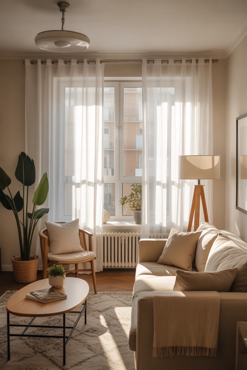 "Pinterest-style aesthetic image showing bright apartment living room with sheer white curtains, sunlight, cozy lifestyle photography, modern composition, ultra detailed, vertical format"