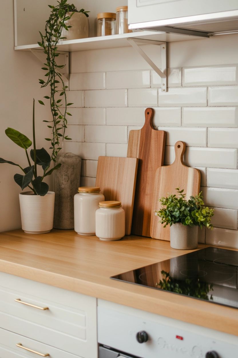 "Pinterest-style aesthetic image showing aesthetic apartment kitchen counter with wooden cutting boards, ceramic jars, plants, soft natural lighting, bright colors, cozy lifestyle photography, modern composition, ultra detailed, vertical format"