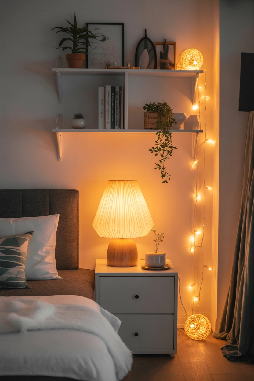 "Pinterest-style aesthetic image showing cozy apartment lighting with table lamps, string lights, warm glow, bright colors, cozy lifestyle photography, modern composition, ultra detailed, vertical format"