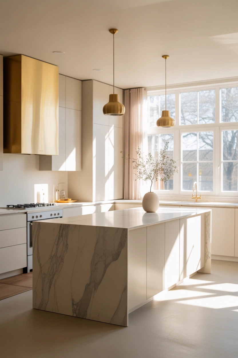 Modern luxury kitchen with waterfall edge marble island, minimalist cabinets, brass pendant lights, natural sunlight streaming through large windows, soft neutral color palette, elegant and clean composition, bright airy mood, ultra-realistic interior photography style, vertical Pinterest format.