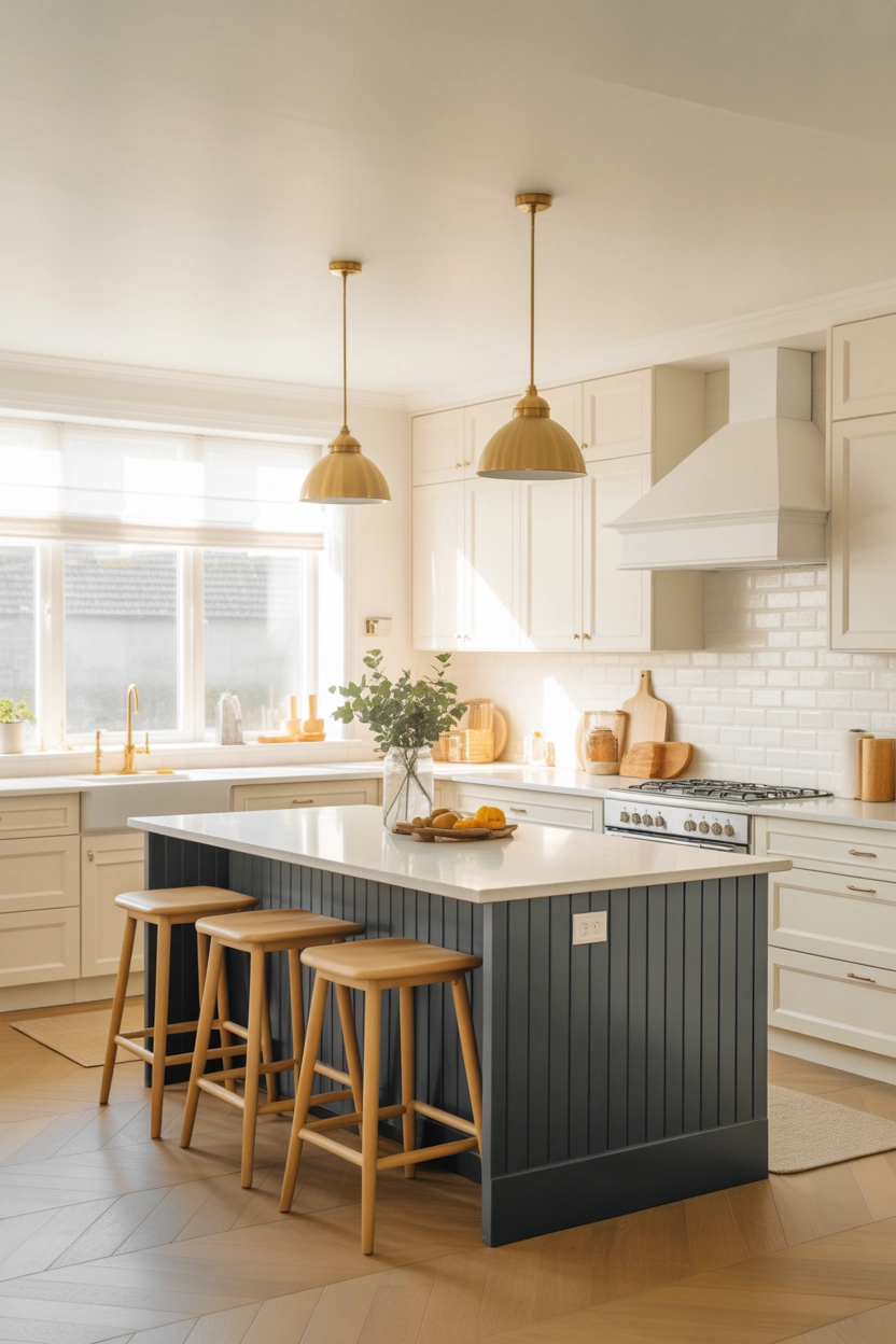 Bright modern kitchen with white cabinets and navy blue two-tone island, quartz countertop, wooden bar stools, brass pendant lights, natural daylight, airy Scandinavian interior style, balanced composition, warm inviting mood, vertical Pinterest image.
