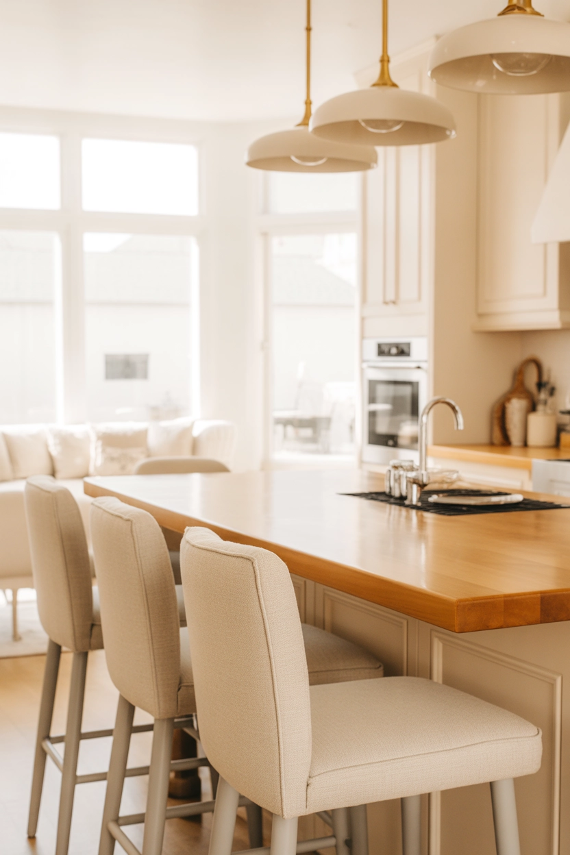 Pinterest Image Prompt:
Modern kitchen island with built-in seating and upholstered stools, warm wooden countertop, pendant lighting above, bright open kitchen, natural light, cozy family atmosphere, neutral color palette, soft shadows, vertical Pinterest design.