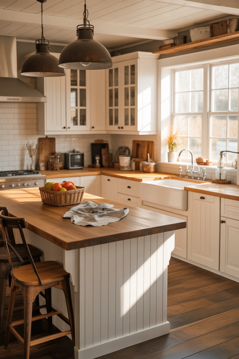 Rustic farmhouse kitchen island with reclaimed wood countertop, white shaker cabinets, apron sink, black metal pendant lights, warm sunlight, cozy country kitchen vibe, earthy tones, vintage styling, vertical Pinterest image.