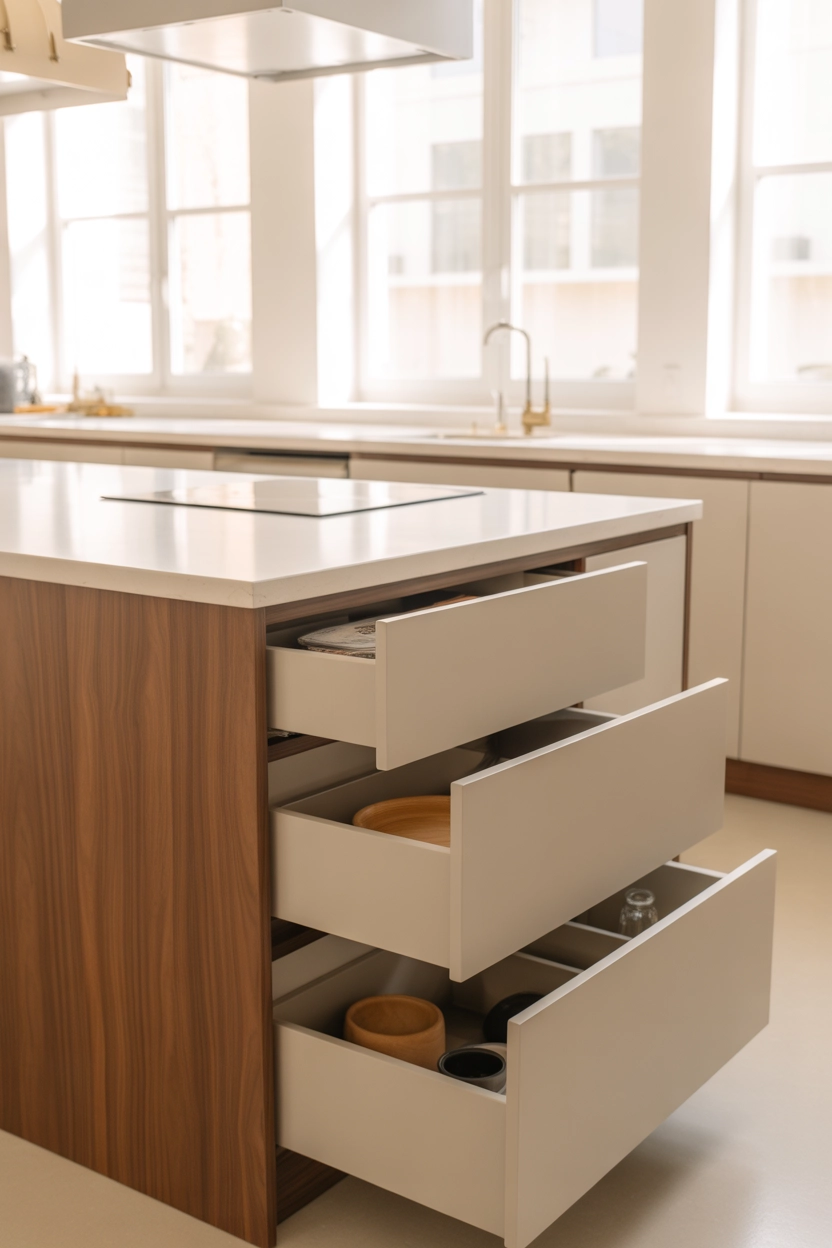 Modern kitchen island with large storage drawers and quartz countertop, minimalist cabinetry, warm wood accents, bright kitchen interior, natural lighting, sleek and functional design, organized kitchen scene, vertical Pinterest format.