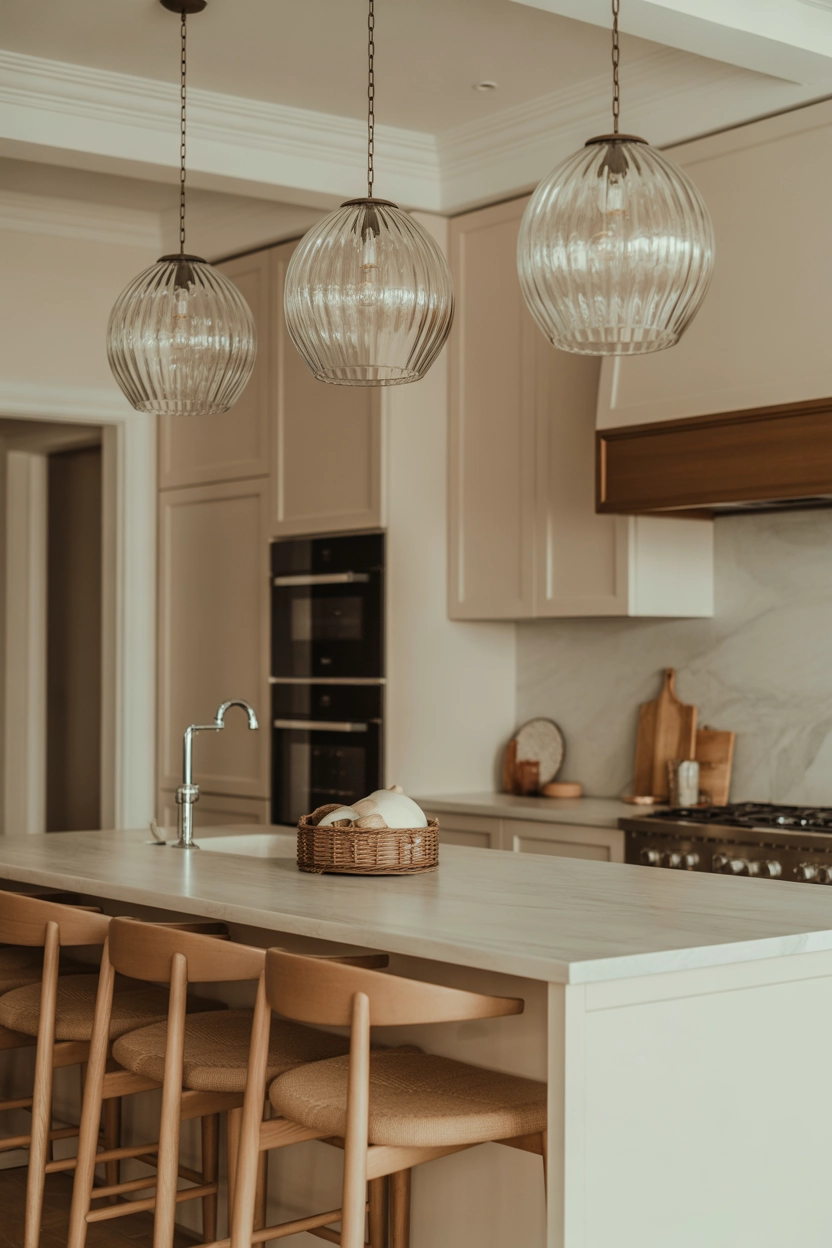 Elegant kitchen island with three large glass pendant lights, marble countertop, modern white kitchen cabinets, soft natural light, warm neutral colors, stylish contemporary interior photography, vertical Pinterest format.