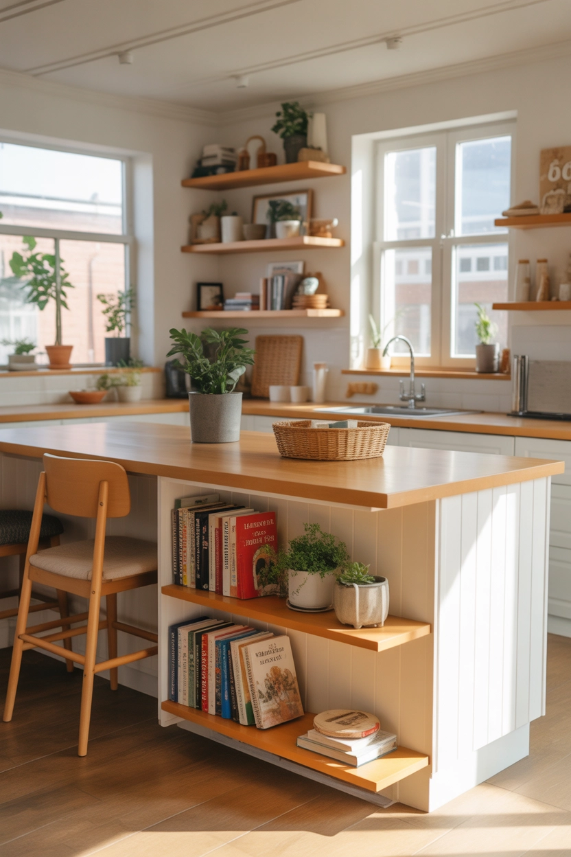 Kitchen island with open wooden shelves displaying cookbooks and plants, bright modern kitchen, warm wood accents, natural sunlight, cozy styled interior, Pinterest home decor aesthetic, vertical composition.