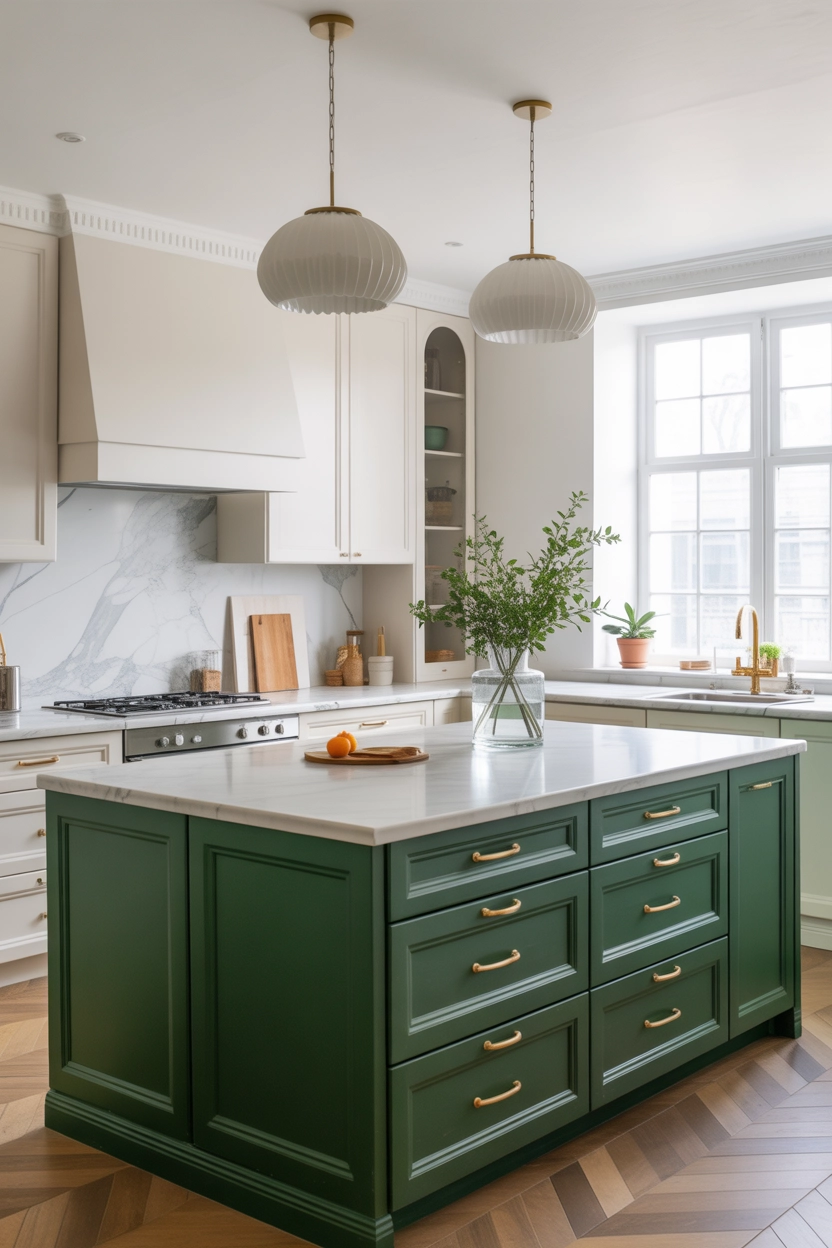 Modern kitchen with bold emerald green island, marble countertop, gold hardware, white cabinets, stylish pendant lights, bright airy kitchen interior, vibrant yet elegant mood, vertical Pinterest image.