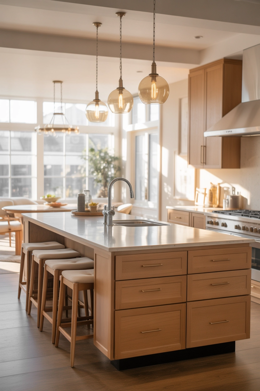 Large multifunctional kitchen island with built-in sink, seating, storage drawers, pendant lighting, bright modern kitchen, open-concept layout, warm inviting atmosphere, vertical Pinterest format.
