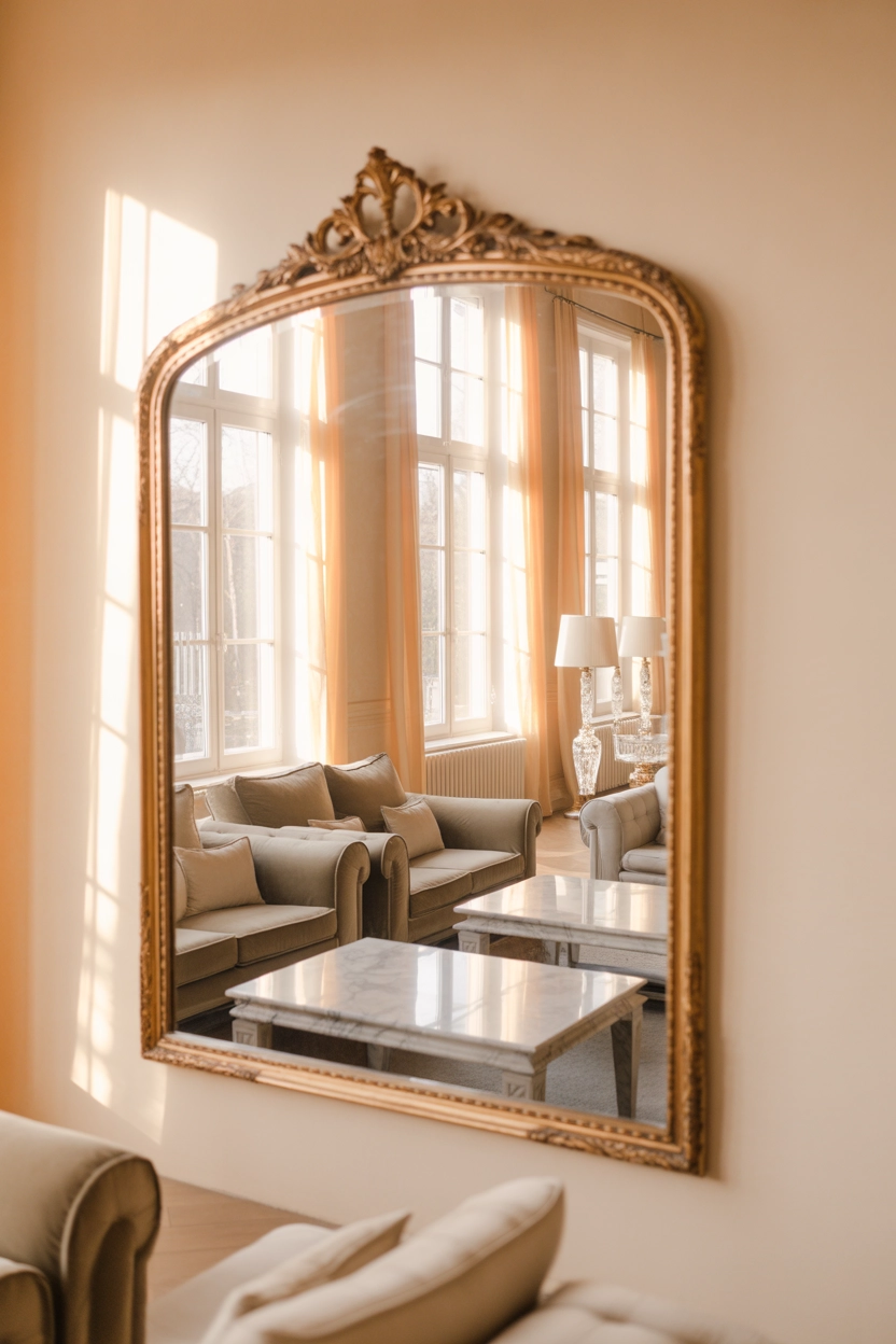 Large mirrors are a classic luxury decor trick used by interior designers to make spaces feel brighter and more expansive. A well-placed decorative mirror reflects light throughout the room, instantly creating the illusion of openness. Whether you choose a modern frameless mirror or a decorative gold frame design, mirrors can act as both functional and artistic decor.