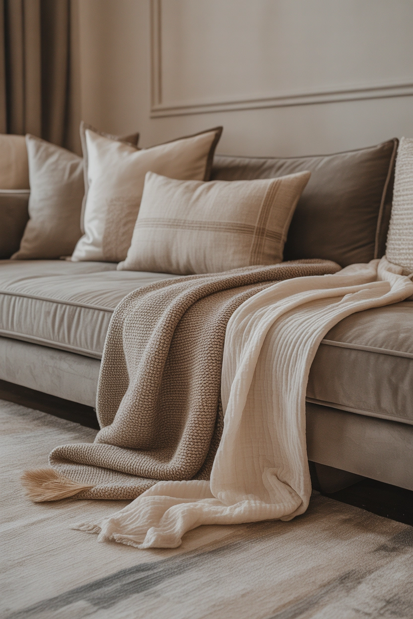 "High quality blog illustration, horizontal 16:9 composition showing a cozy elegant living room with layered textures including velvet sofa, knit throws, linen pillows, and soft rug, modern luxury interior style, warm soft lighting, neutral color palette with subtle earthy tones, balanced composition, depth of field, editorial lifestyle interior photography, minimal clutter, realistic texture detail, no text, high resolution"