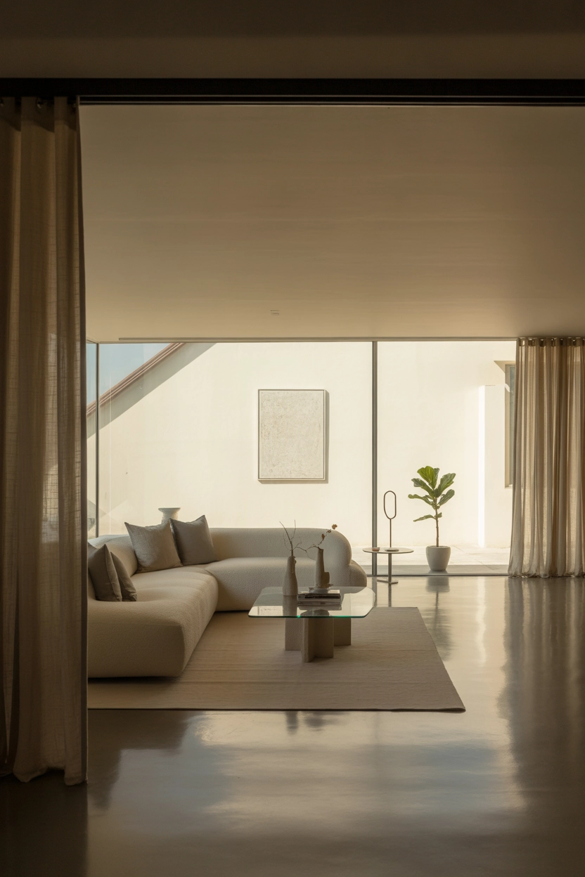 "High quality blog illustration, horizontal 16:9 composition showing a modern luxury living room styled with neutral tones like beige, cream, and soft gray, minimal elegant furniture, natural daylight, calm serene mood, balanced composition, modern interior editorial photography style, subtle textures, minimal clutter, depth of field, realistic lifestyle photography, no text, high resolution"