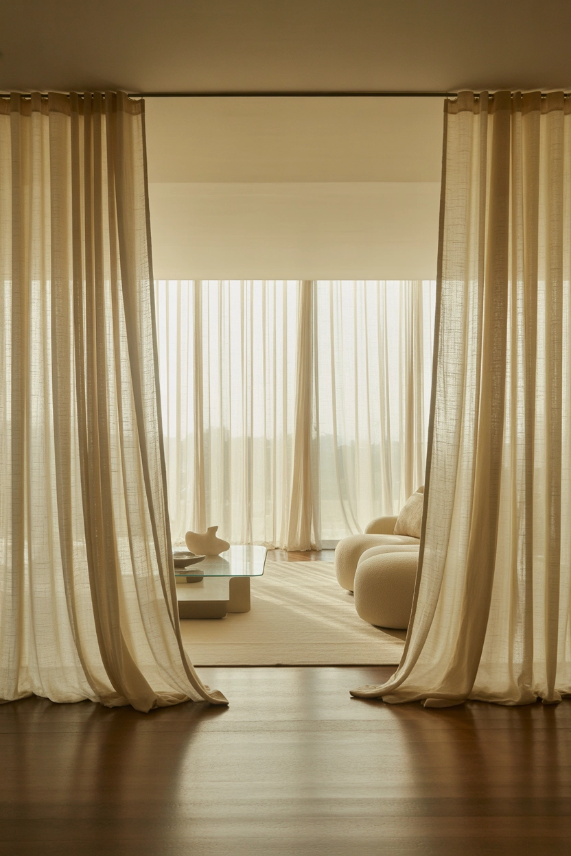 "High quality blog illustration, horizontal 16:9 composition showing tall elegant curtains flowing from ceiling to floor in a bright living room with large windows, modern luxury interior style, soft natural daylight filtering through fabric, neutral warm tones, airy mood, balanced composition, editorial interior photography style, minimal decor clutter, realistic lifestyle photography, no text, high resolution"