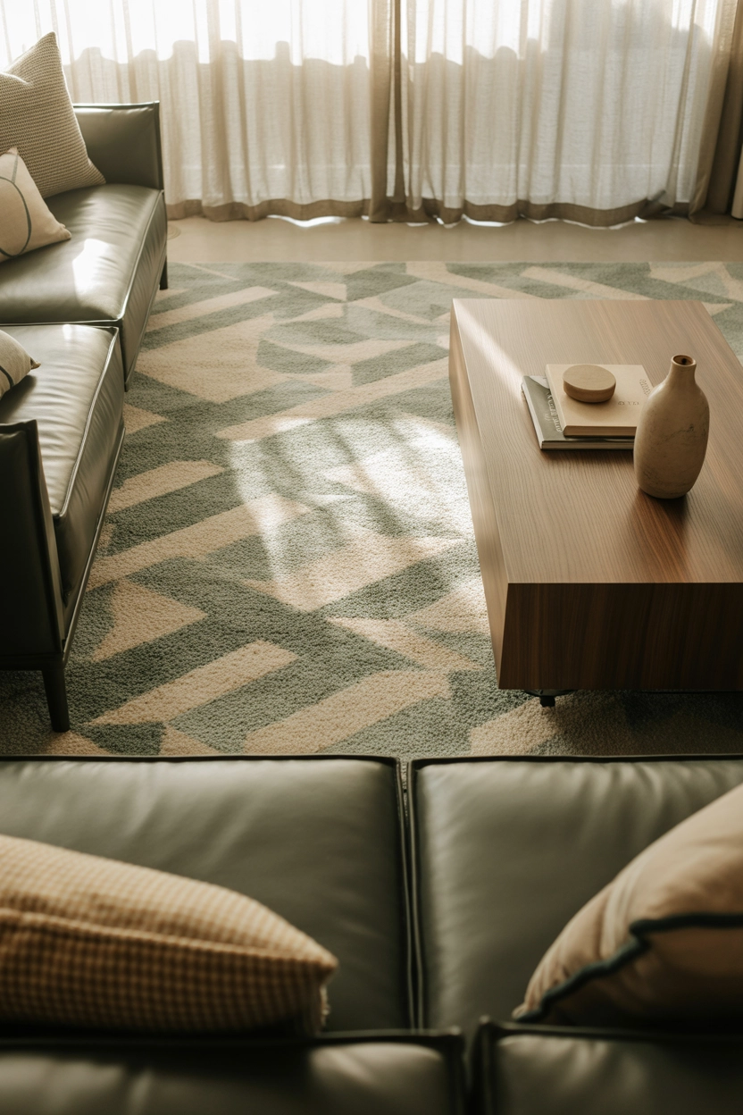 "High quality blog illustration, horizontal 16:9 composition showing a stylish living room featuring a plush patterned area rug under modern furniture, warm natural lighting, cozy elegant atmosphere, neutral tones with subtle pattern accents, editorial interior photography style, balanced composition, minimal clutter, realistic lifestyle photography, no text, high resolution"