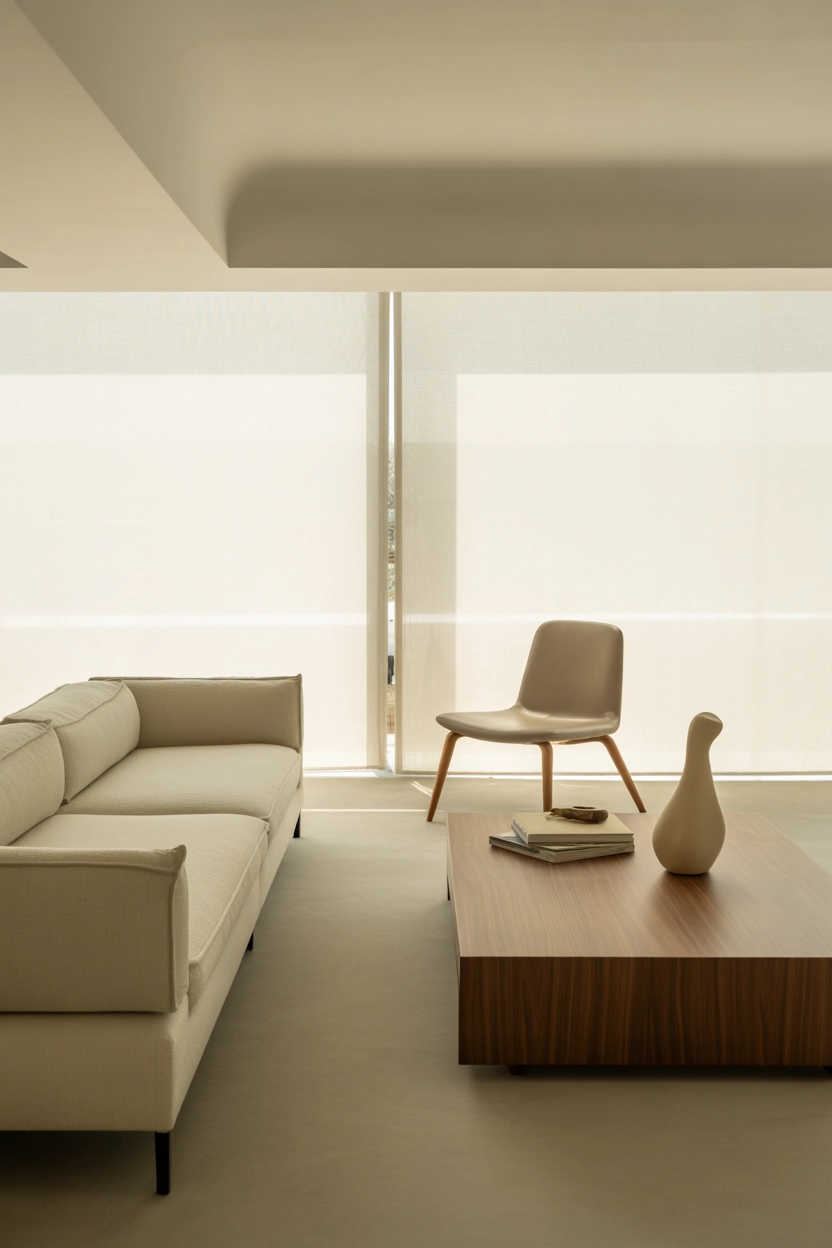 "High quality blog illustration, horizontal 16:9 composition showing a minimalist modern living room with clean lines, simple furniture, neutral colors, and uncluttered surfaces, bright natural lighting, serene mood, editorial interior photography style, balanced composition, minimal decor elements, realistic lifestyle photography, no text, high resolution"