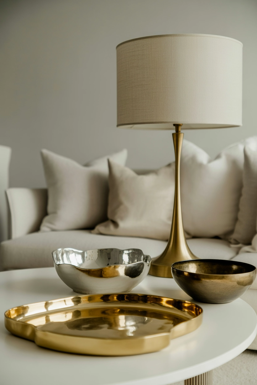 "High quality blog illustration, horizontal 16:9 composition showing elegant metallic decor accents like gold trays, brass lamps, and decorative bowls on a stylish coffee table, modern luxury interior style, soft warm lighting, neutral tones with metallic highlights, balanced composition, editorial interior photography style, minimal clutter, realistic lifestyle photography, no text, high resolution"