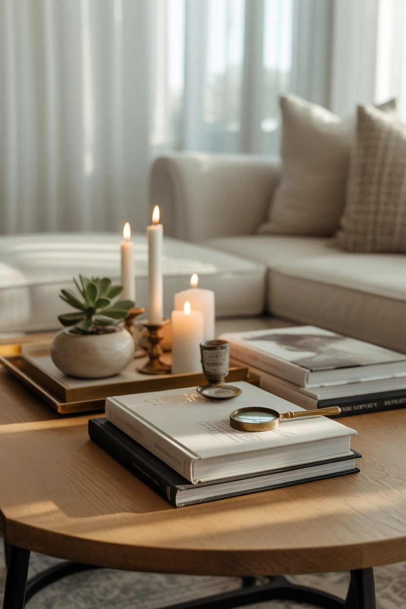 "High quality blog illustration, horizontal 16:9 composition showing a beautifully styled coffee table with books, candles, and decorative objects in a modern living room, soft natural lighting, elegant neutral color palette, balanced composition, editorial interior photography style, depth of field, minimal clutter, realistic lifestyle photography, no text, high resolution"