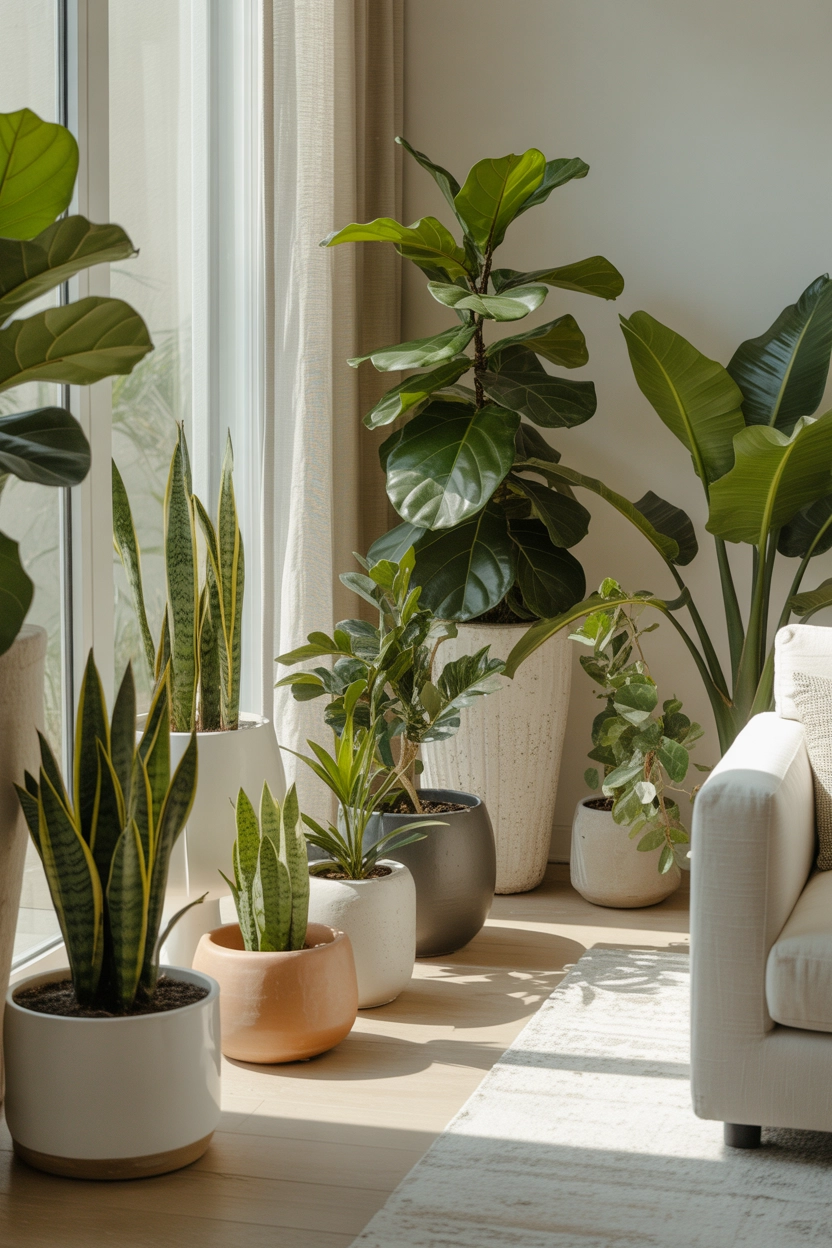 "High quality blog illustration, horizontal 16:9 composition showing elegant indoor plants placed in modern decorative pots in a bright living room, natural sunlight streaming through windows, fresh calming mood, neutral interior palette with green accents, editorial lifestyle interior photography style, minimal clutter, realistic plant textures, no text, high resolution"
