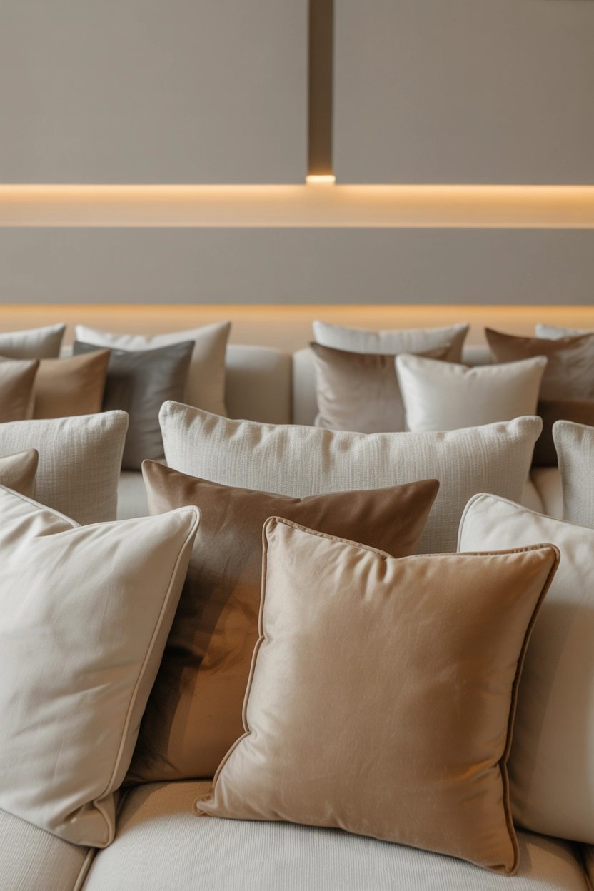 "High quality blog illustration, horizontal 16:9 composition showing a stylish sofa decorated with layered throw pillows in elegant fabrics, modern luxury living room setting, warm soft lighting, neutral tones with subtle texture variety, editorial interior photography style, balanced composition, minimal clutter, realistic lifestyle photography, no text, high resolution"