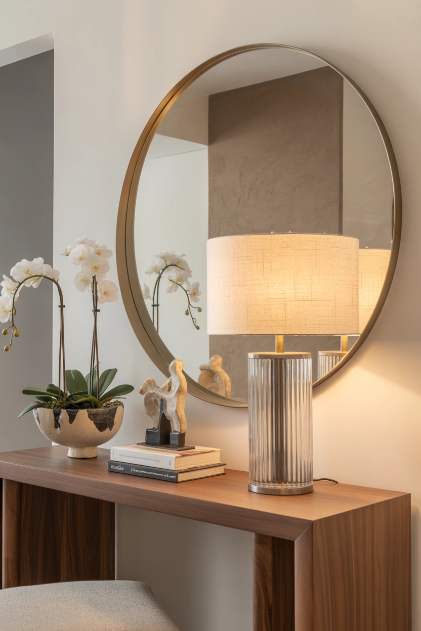 "High quality blog illustration, horizontal 16:9 composition showing a sophisticated entryway with console table, mirror, lamp, and decorative accents, modern luxury interior style, soft warm lighting, neutral elegant palette, balanced composition, editorial interior photography style, minimal clutter, realistic lifestyle photography, no text, high resolution"