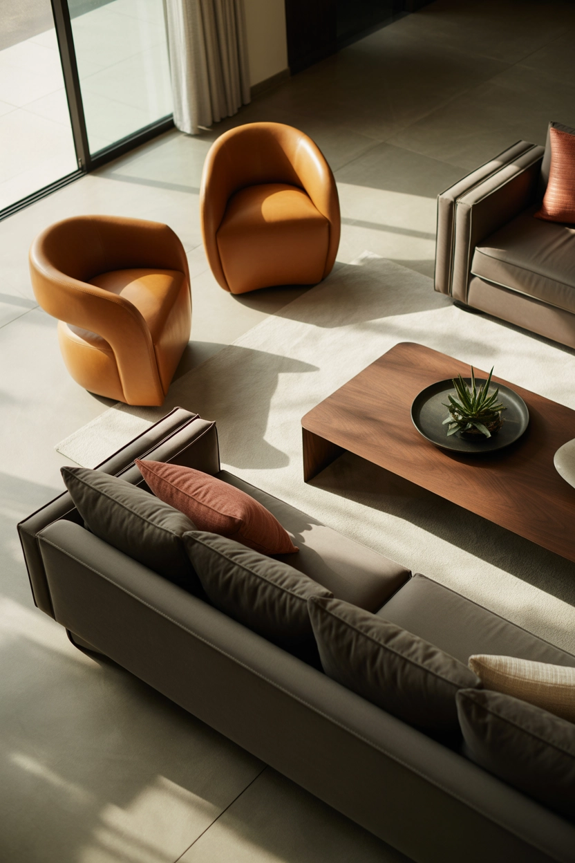 "High quality blog illustration, horizontal 16:9 composition showing modern designer inspired furniture pieces in a luxury living room setting, sculptural chairs and sleek sofa, soft natural lighting, neutral tones with subtle accent colors, editorial interior photography style, balanced composition, minimal clutter, realistic lifestyle photography, no text, high resolution"