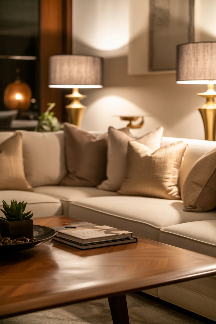 "High quality blog illustration, horizontal 16:9 composition showing a cozy luxury living room illuminated by soft ambient lighting from table lamps and wall sconces, warm relaxing mood, neutral elegant color palette, balanced composition, editorial interior photography style, depth of field, realistic lifestyle photography, no text, high resolution"