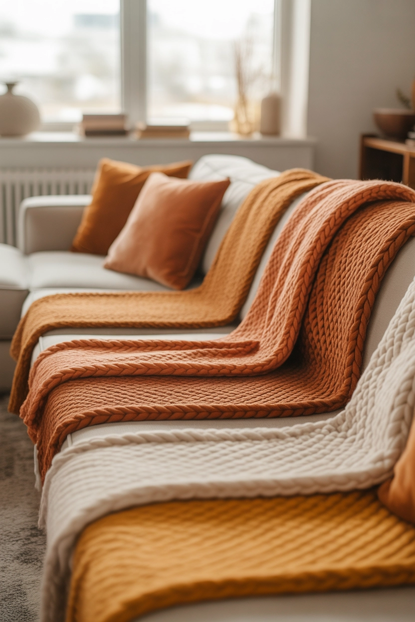 "High quality blog illustration, horizontal 16:9 composition showing a cozy living room sofa layered with chunky knit throw blankets in warm autumn colors like rust, mustard, and cream, modern clean style, natural soft window lighting, balanced composition, warm neutral palette, depth of field, minimal background clutter, realistic lifestyle photography style, inviting fall atmosphere, no text, high resolution"