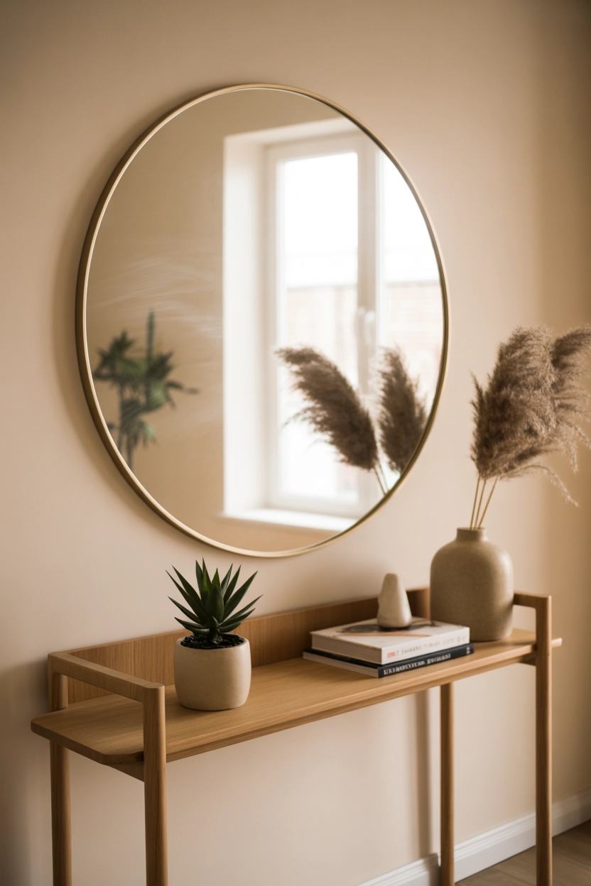 "High quality blog illustration, horizontal 16:9 composition showing a stylish entryway with a large decorative mirror above a console table, modern clean style, natural soft lighting, balanced composition, bright neutral color palette, professional editorial look, minimal background clutter, depth of field, visually engaging, realistic lifestyle photography style, no text, high resolution"