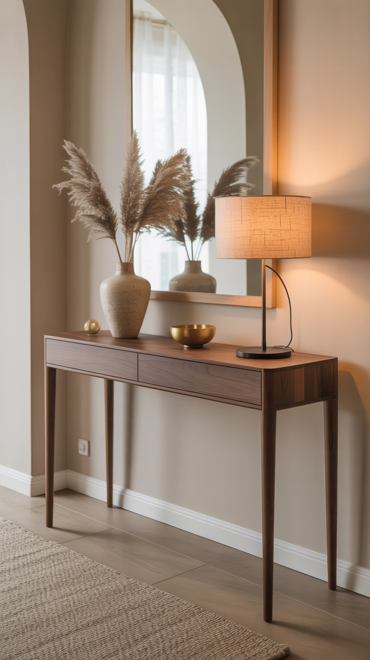 "High quality blog illustration, horizontal 16:9 composition showing a modern entryway with a sleek console table decorated with decor items, soft lighting, neutral tones, balanced composition, minimal clutter, realistic lifestyle photography style, no text"