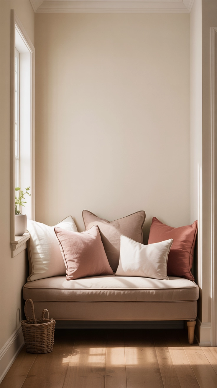 "High quality blog illustration, horizontal 16:9 composition showing a cozy entryway with a cushioned bench, soft pillows, warm lighting, neutral tones, clean layout, realistic photography style, no text"