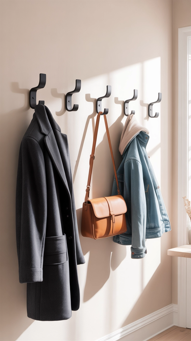 "High quality blog illustration, horizontal 16:9 composition showing entryway wall with stylish hooks holding coats and bags, modern clean style, natural lighting, minimal clutter, neutral palette, realistic photography style, no text"