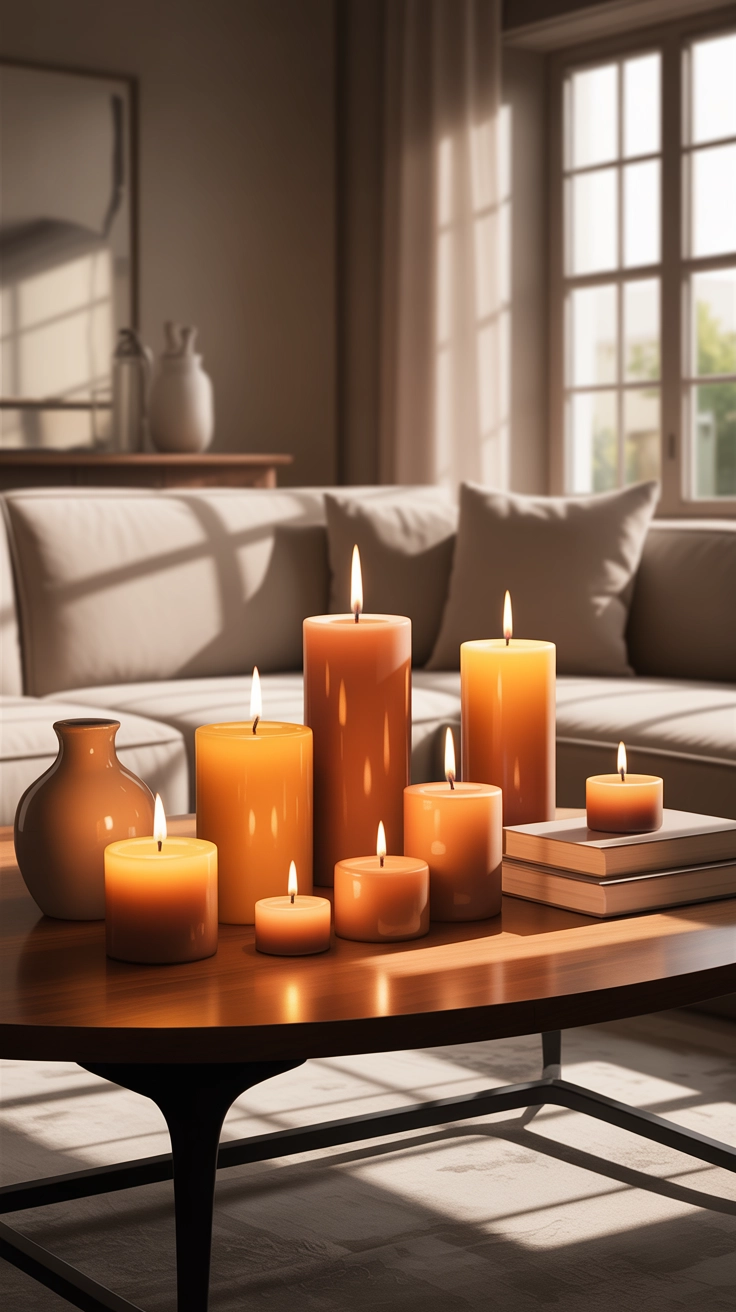 "High quality blog illustration, horizontal 16:9 composition showing lit candles on a coffee table creating cozy ambiance, modern interior, warm lighting, soft shadows, neutral tones, depth of field, realistic style, no text, high resolution"