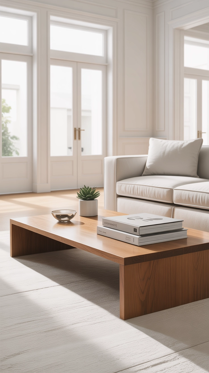 "High quality blog illustration, horizontal 16:9 composition showing a minimalist coffee table with few decor items, clean modern interior, bright natural lighting, neutral palette, uncluttered layout, no text, high resolution"