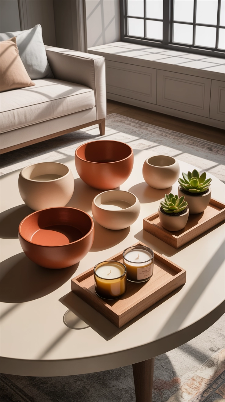 "High-quality realistic blog illustration, horizontal 16:9 composition showing a stylish coffee table with mixed decor elements including round ceramic bowls and square wooden trays, placed neatly on a modern living room table, soft natural lighting from a nearby window, warm neutral color palette, minimalistic interior background, balanced and aesthetically pleasing composition, slight top-angle view, shallow depth of field, clean and clutter-free styling, no text, ultra high resolution"