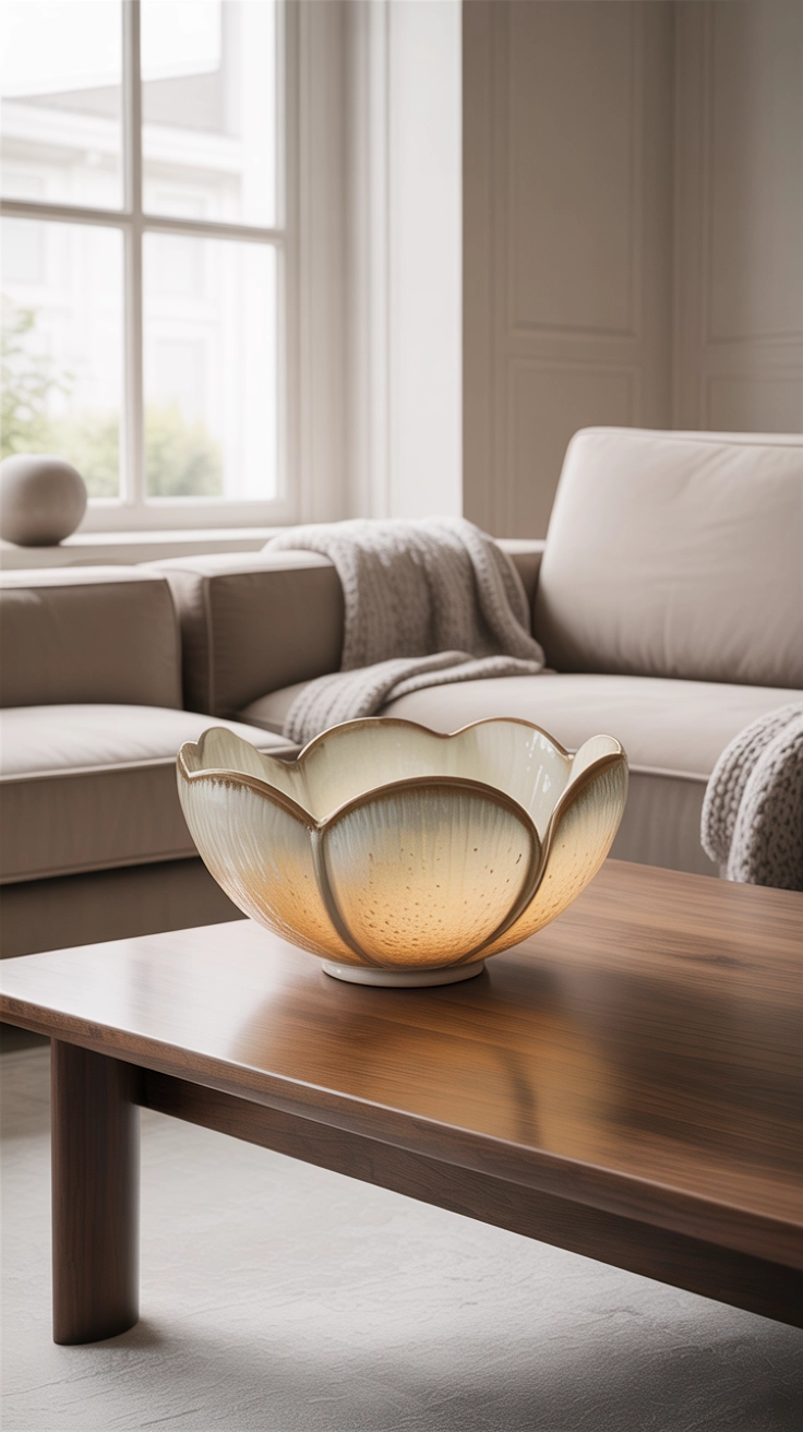 "High quality blog illustration, horizontal 16:9 composition showing a stylish decorative bowl on a coffee table, modern cozy setting, soft lighting, neutral tones, minimal background clutter, no text, high resolution"