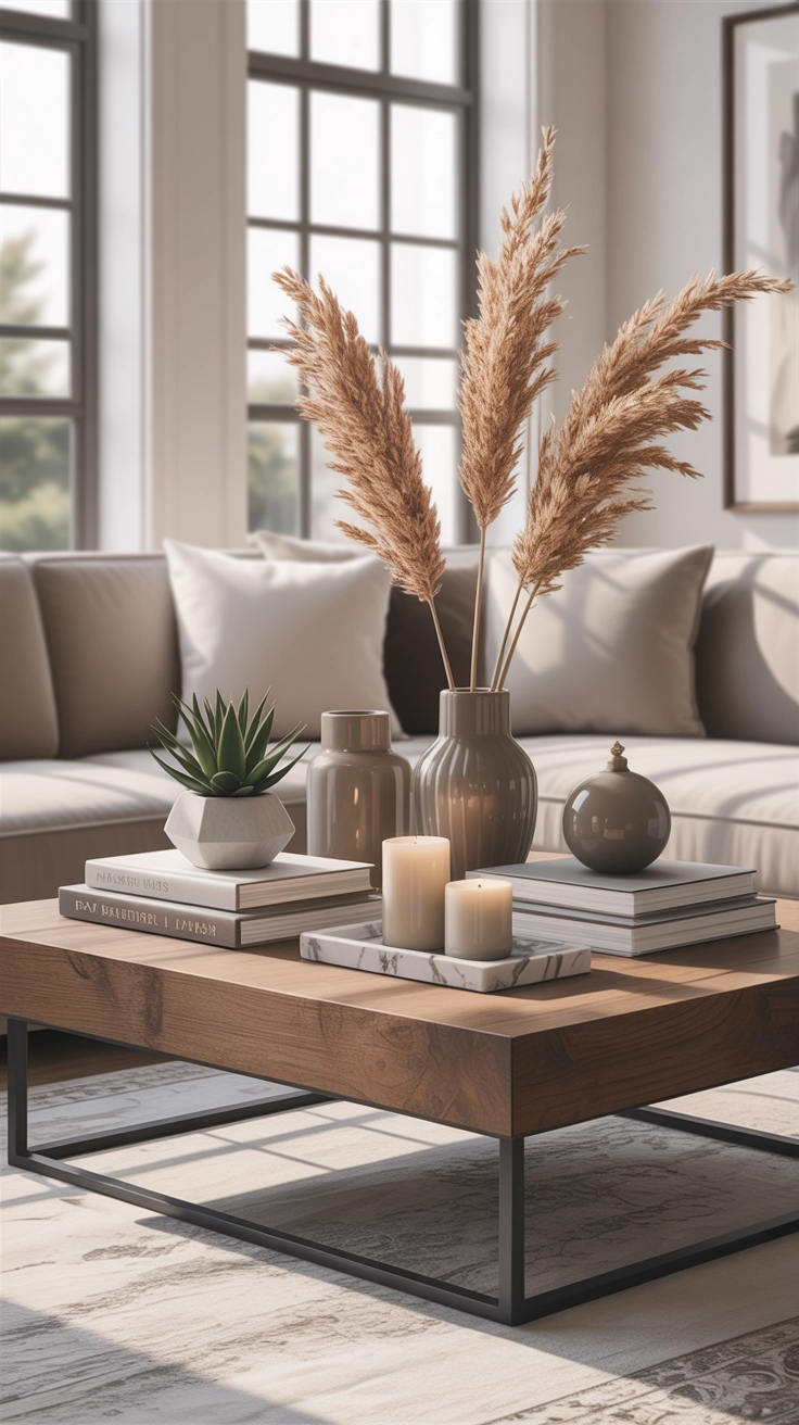 "High quality blog illustration, horizontal 16:9 composition showing coffee table decor with varying heights, modern interior, soft natural lighting, balanced layout, neutral colors, no text, high resolution"