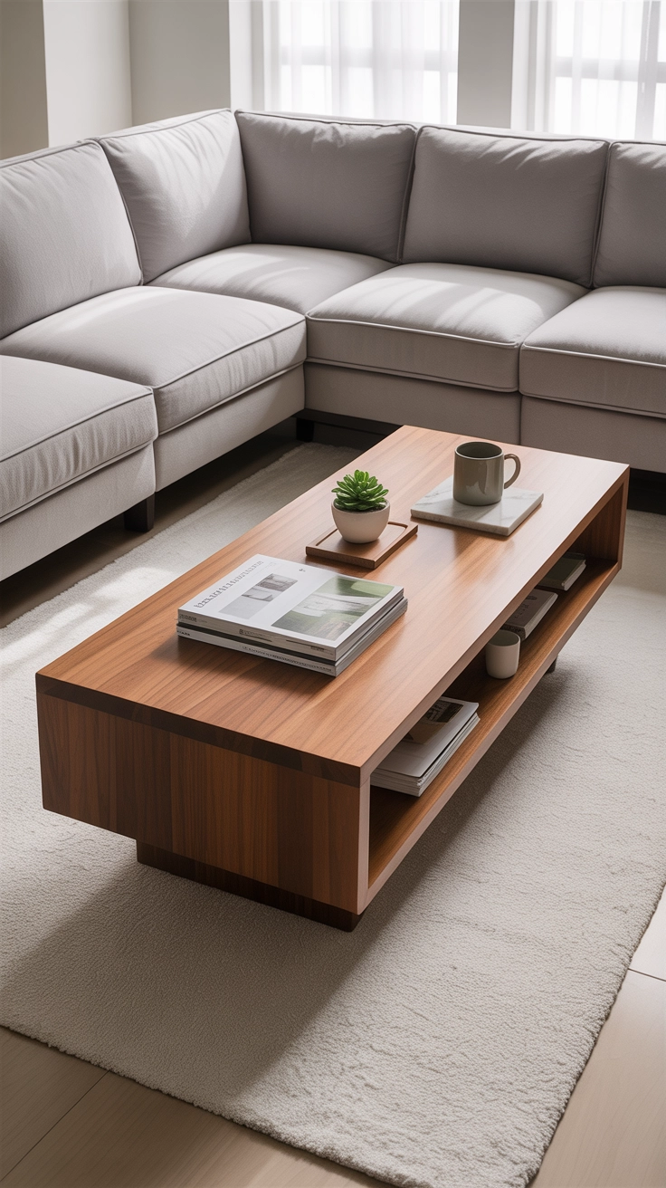 "High quality blog illustration, horizontal 16:9 composition showing a functional coffee table with decor and usable space, modern living room, soft lighting, clean layout, no text, high resolution"