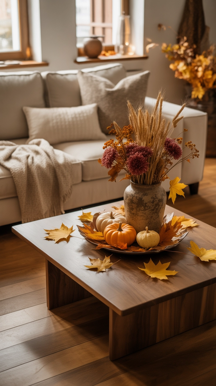 "High quality blog illustration, horizontal 16:9 composition showing a coffee table styled with seasonal decor like autumn leaves or spring flowers, modern cozy living room, soft natural lighting, warm tones, balanced composition, realistic lifestyle photography style, no text, high resolution"