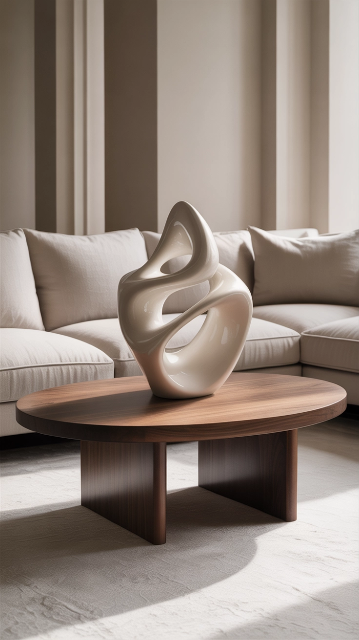 "High quality blog illustration, horizontal 16:9 composition showing a coffee table with a modern sculptural decor piece, minimalist interior, soft lighting, neutral tones, artistic focus, depth of field, realistic style, no text, high resolution"