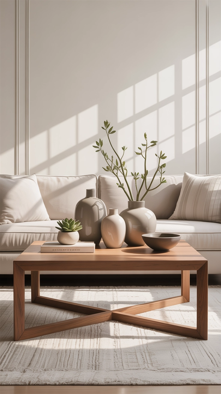 "High quality blog illustration, horizontal 16:9 composition showing balanced coffee table styling with both symmetry and asymmetry, modern interior, soft natural lighting, clean layout, neutral palette, no text, high resolution"