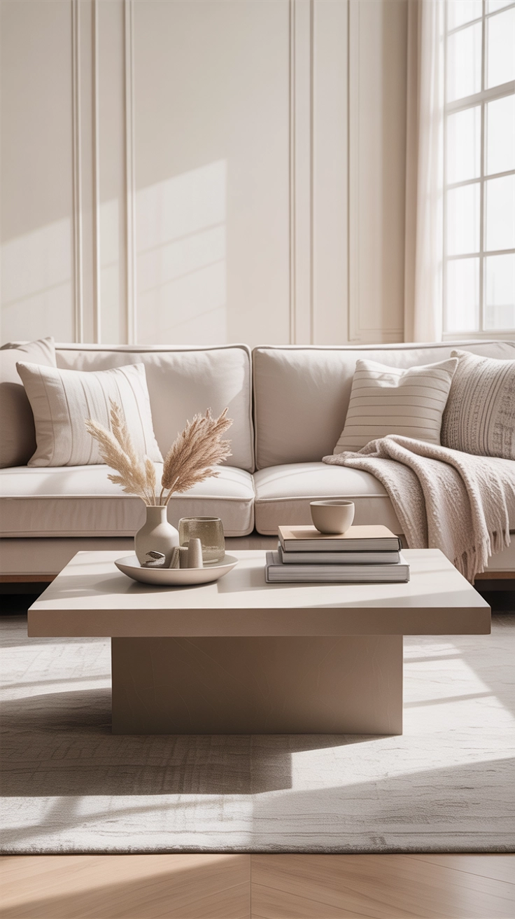 "High quality blog illustration, horizontal 16:9 composition showing a neutral-toned coffee table with beige, white and soft gray decor, modern minimalist living room, soft lighting, clean composition, no text, high resolution"