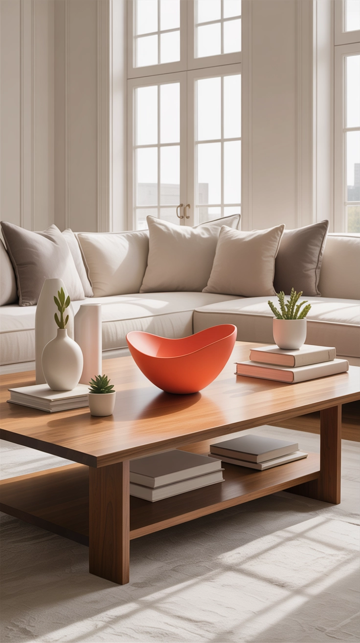 "High quality blog illustration, horizontal 16:9 composition showing a coffee table with neutral decor and one bold colorful accent piece, modern living room, soft lighting, balanced composition, no text, high resolution"