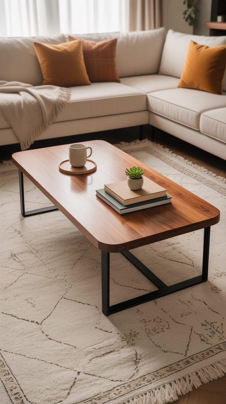 "High quality blog illustration, horizontal 16:9 composition showing a coffee table placed over a textured rug, modern cozy living room, soft lighting, warm tones, clean composition, no text, high resolution"